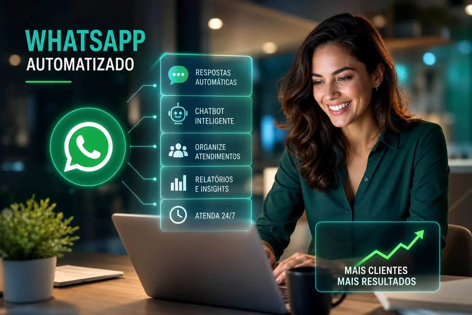 Mulher sorrindo no notebook ao lado do logo do WhatsApp e de cards com respostas automáticas, chatbot, relatórios e atendimento 24/7