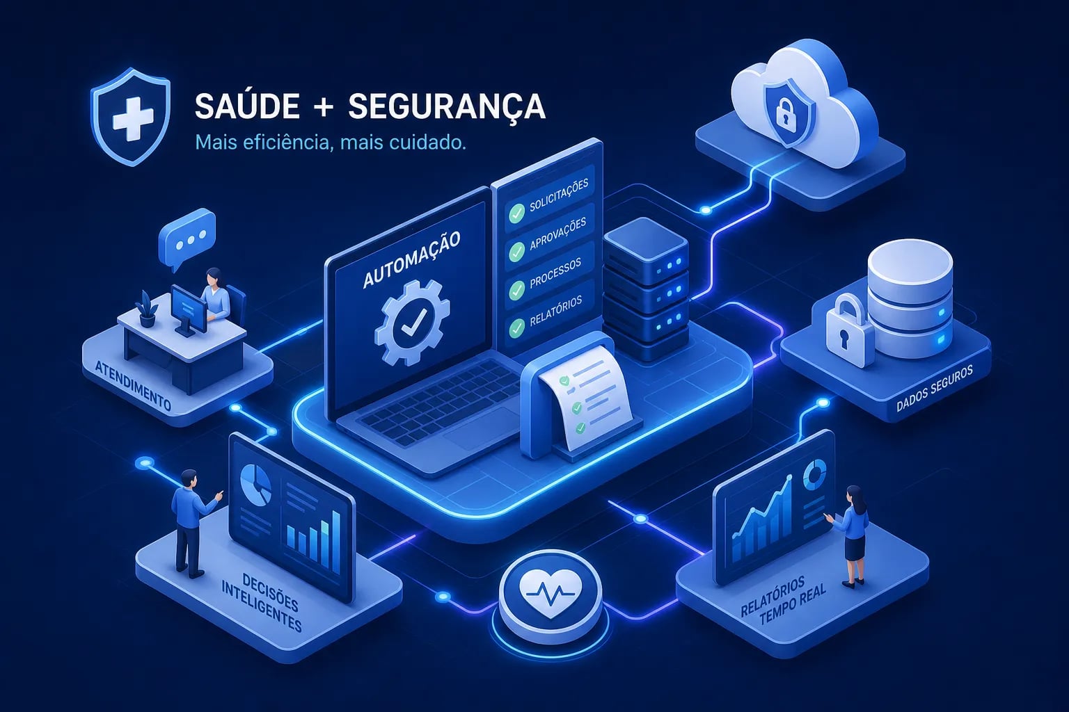 Infográfico de automação para secretarias de saúde e segurança: notebook central com solicitações, aprovações, processos e relatórios em nuvem