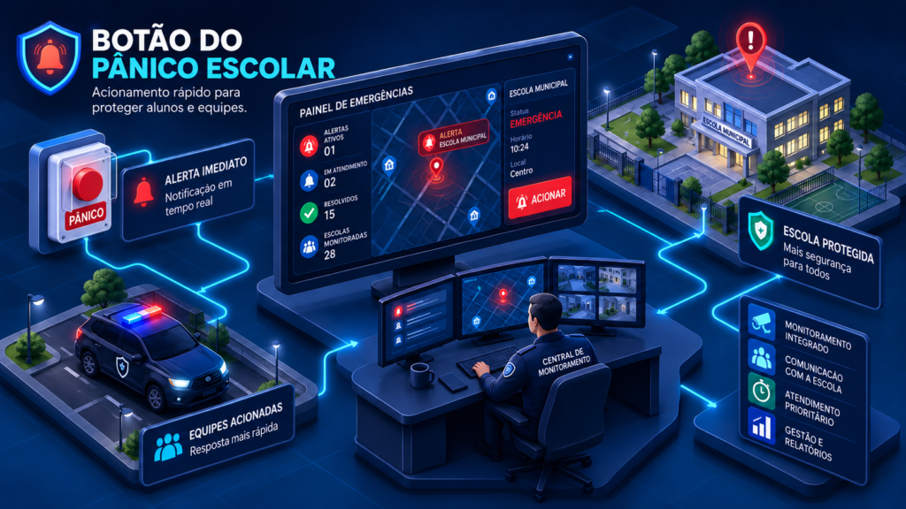 Infográfico do botão do pânico escolar: botão vermelho aciona a central de monitoramento da GCM, que despacha a viatura para a escola municipal