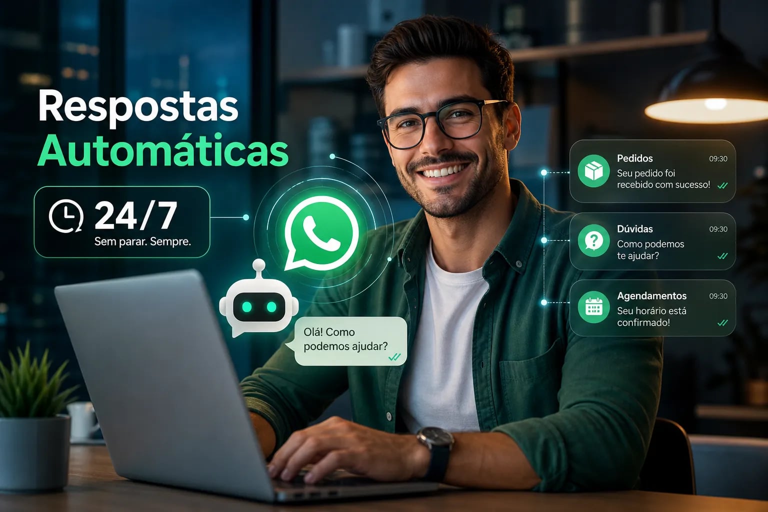 Homem de óculos no notebook com o logo do WhatsApp, chatbot e mensagens automáticas de pedidos, dúvidas e agendamentos 24/7