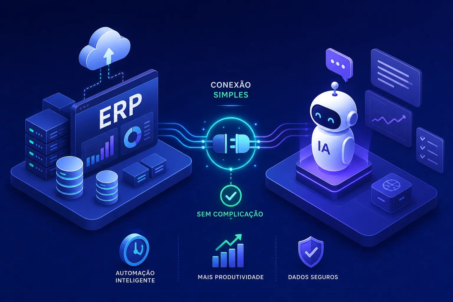 Ilustração de um ERP conectado por cabo a um robô de IA, com ícones de automação inteligente, produtividade e dados seguros
