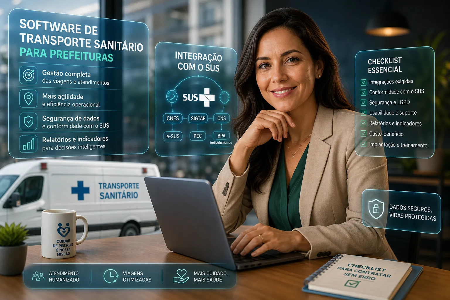 Gestora com notebook diante de painéis de software de transporte sanitário para prefeituras, integração com o SUS e checklist de contratação