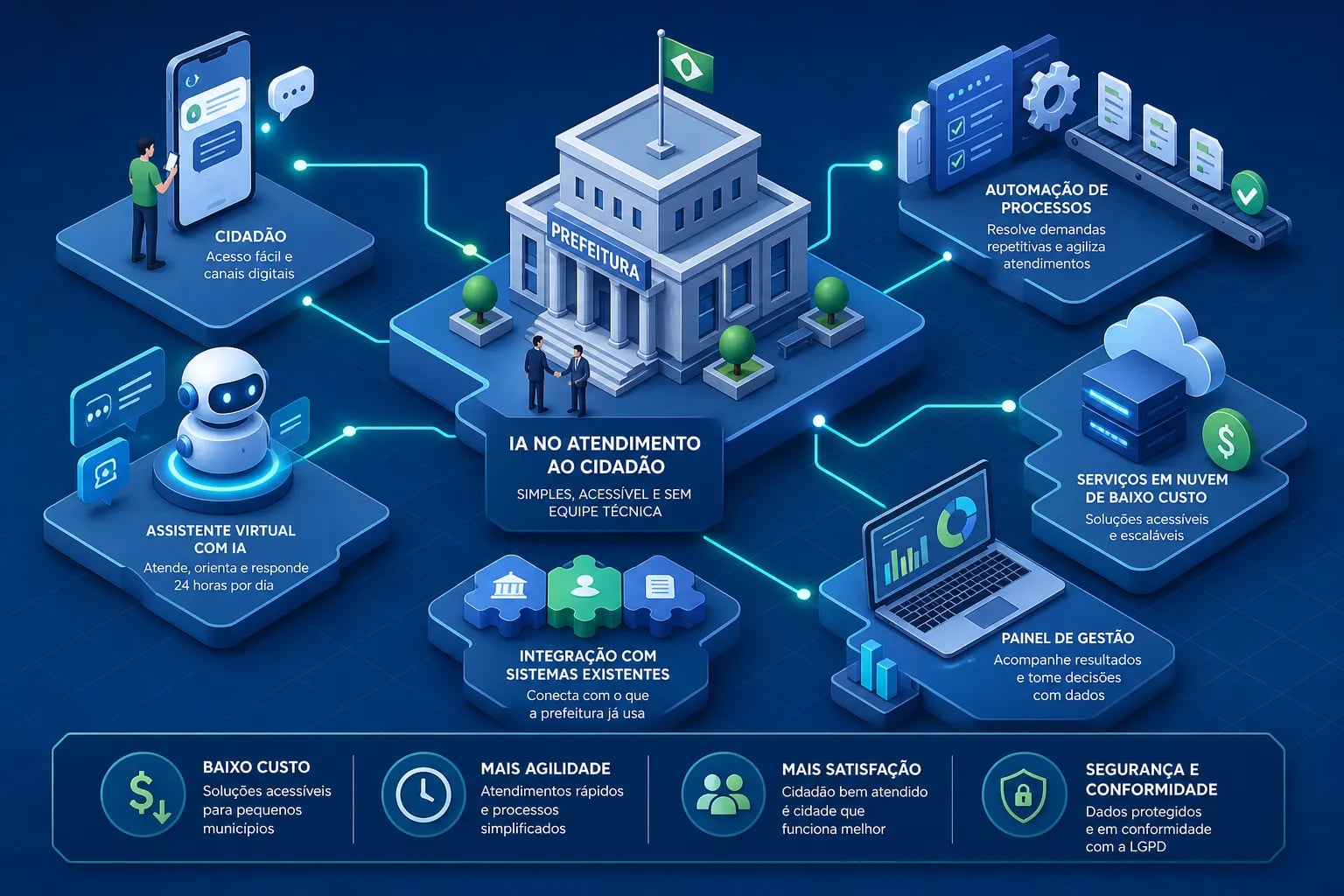 Infográfico de IA no atendimento ao cidadão: prédio da prefeitura ligado a assistente virtual, automação de processos e painel de gestão