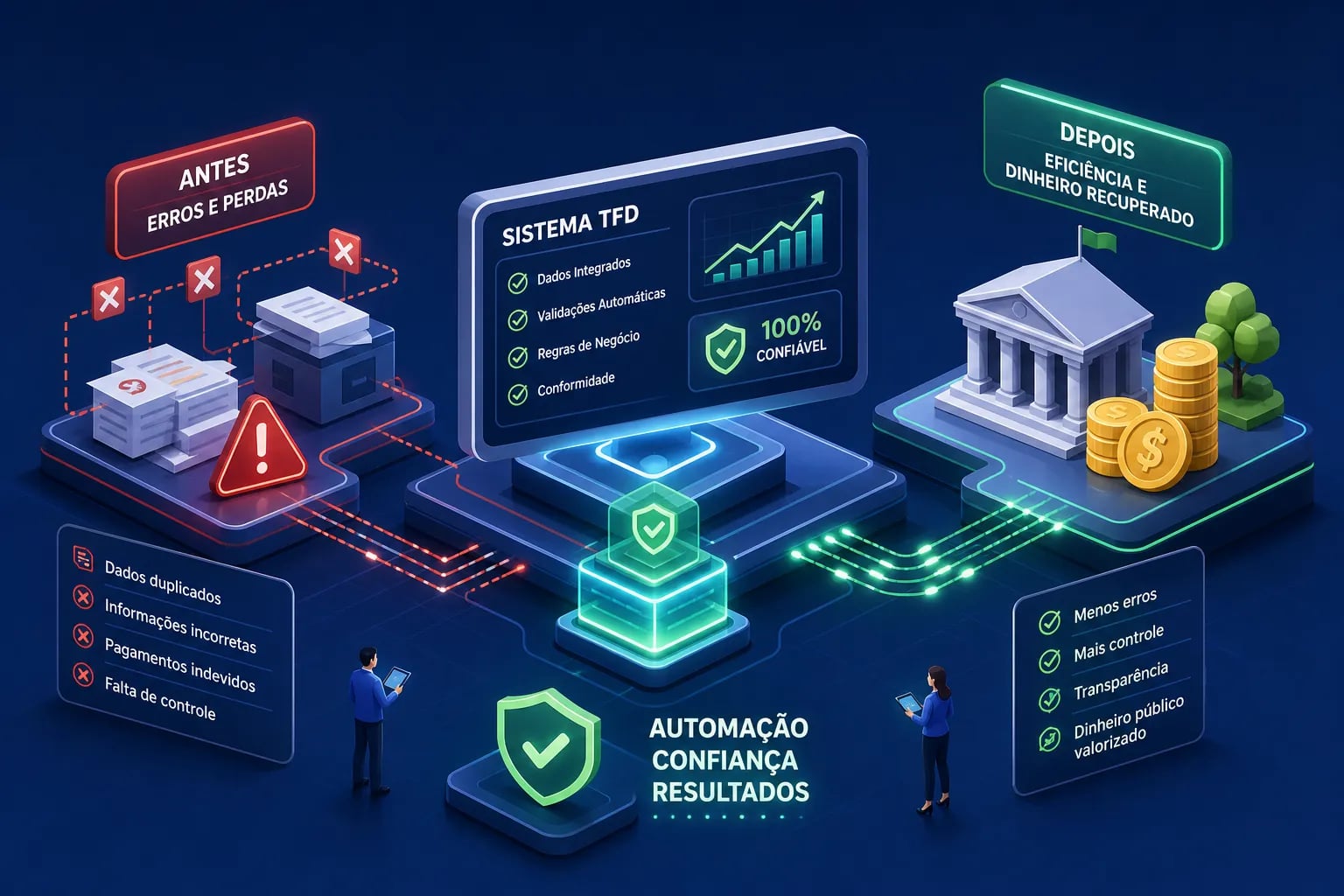 Comparativo antes e depois de um sistema TFD: erros e perdas com papel versus dados integrados, validações automáticas e dinheiro recuperado