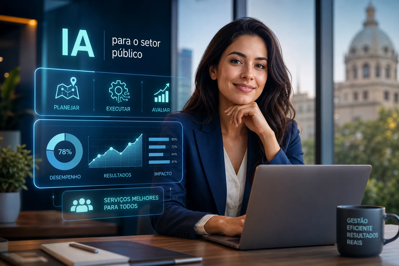 Gestora pública sorrindo com notebook e painéis de IA para o setor público: planejar, executar e avaliar com indicadores