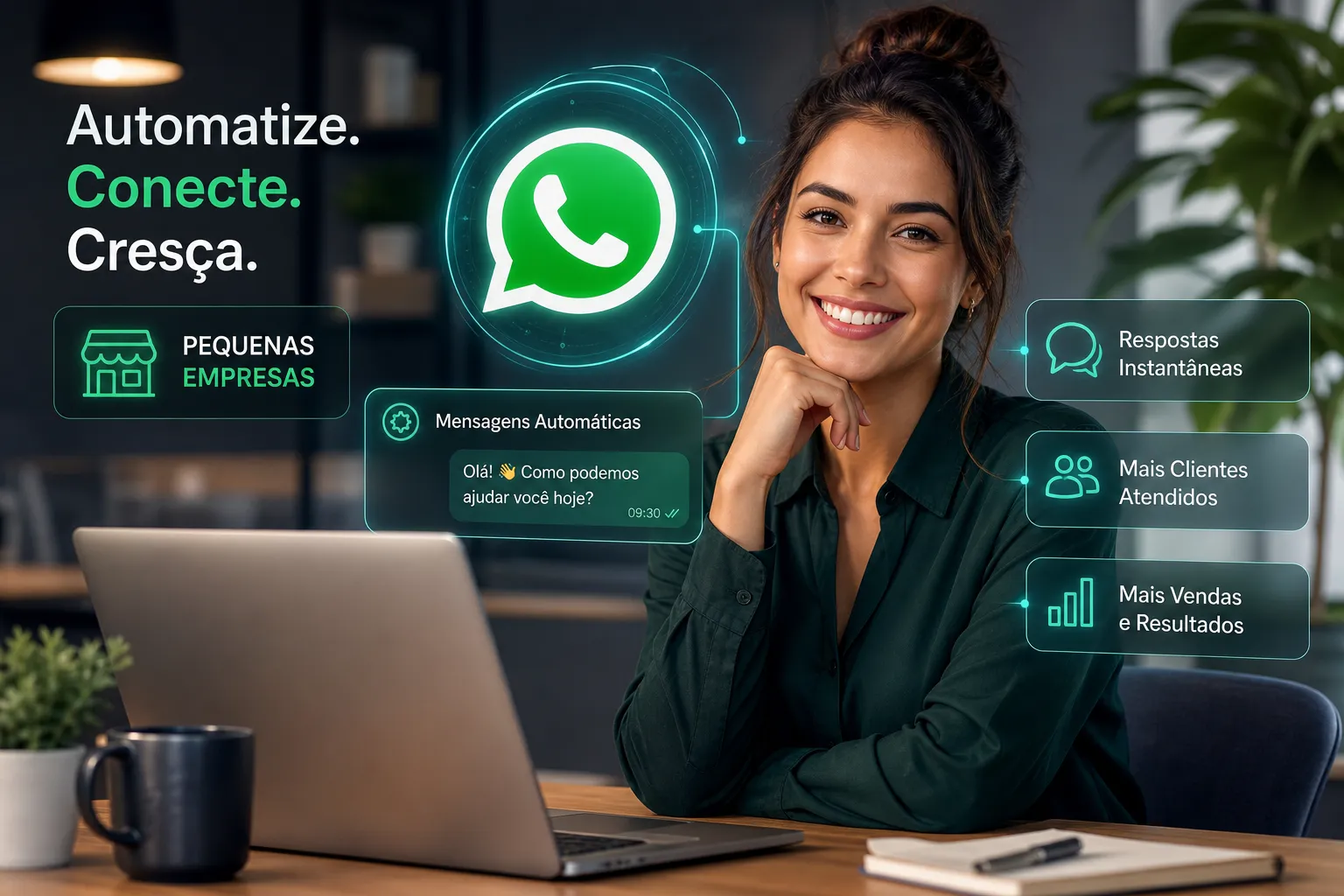 Empresária sorrindo com notebook, logo do WhatsApp e mensagem automática de boas-vindas para pequenas empresas