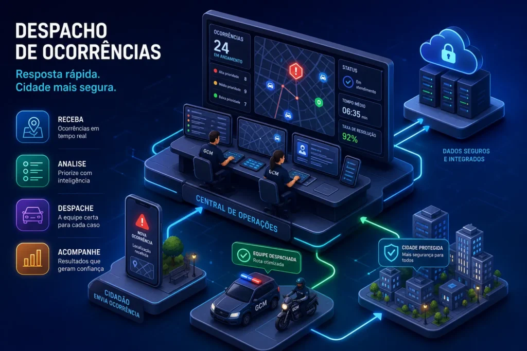 Central de operações da GCM com dois operadores em painéis de monitoramento, mapa de ocorrências em tempo real e viatura despachada