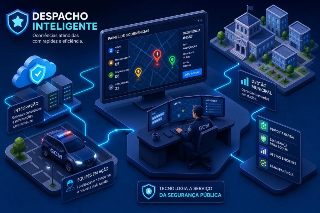 Fluxo do sistema de despacho de ocorrências: do chamado do cidadão no celular à central de operações que despacha a viatura da GCM