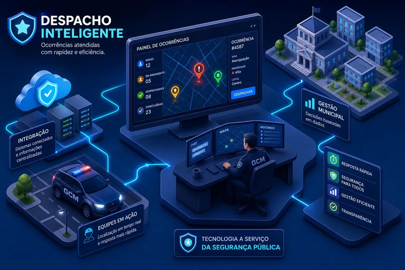 Fluxo do sistema de despacho de ocorrências: do chamado do cidadão no celular à central de operações que despacha a viatura da GCM